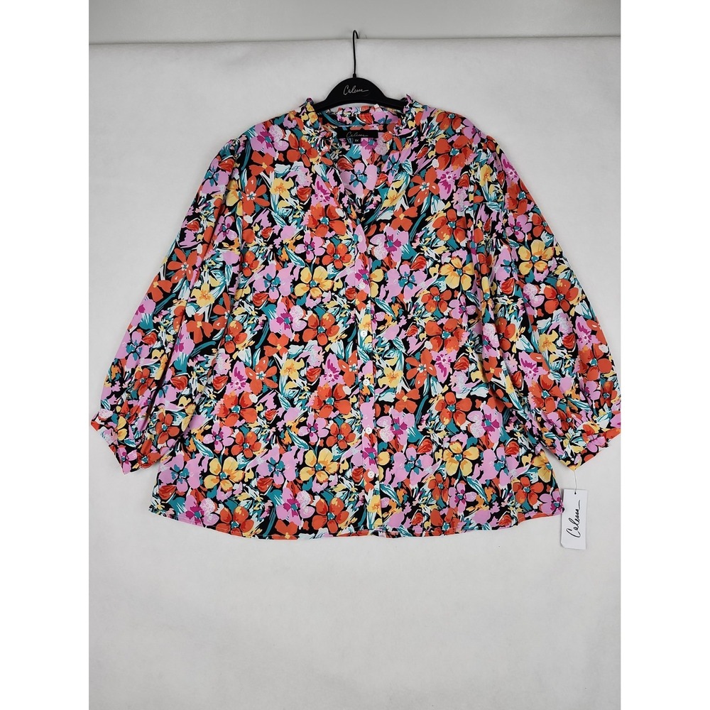 Calessa NWT Button-up Blouse Womens 1X Floral Print Long Sleeve V Neck Tunic New